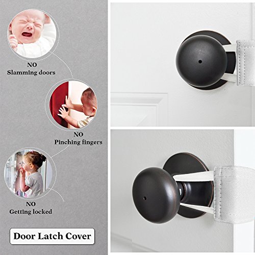 Image of PONY DANCE Baby Door Latch Cover Closer - Nursery Door Silencer with Strong Elastic Straps, Thick Solid Cushion for Noise Reduction, Prevents Slamming, 3 Pieces, 4W x 2L Inches, Greyish White