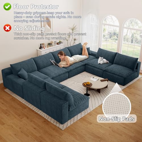 Image of 136 inch Cloud Couch Modular Sectional Sofa for Living Room, U-Shape Boneless Couch with Deep Seat, Modern Corduroy 8-Seater, No Assembly Required,Blue
