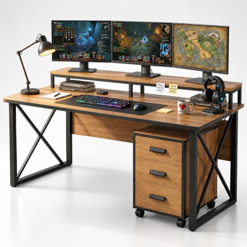 FFO Wooden Gaming Desk with 3-Drawer Mobile Cabinet | Large Compu...