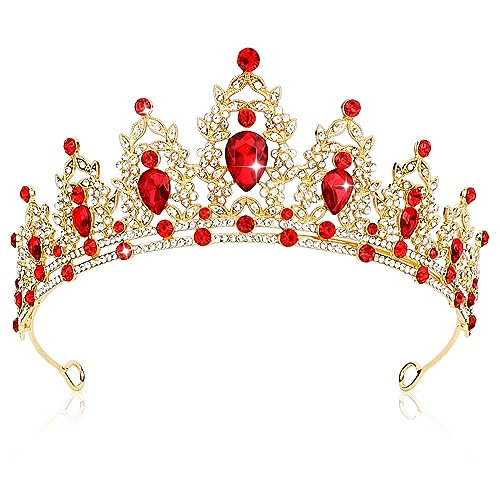 CIEHER Gold and Red Queen of Hearts Crown Tiara - Luxury Rhinestone Red Crown for Women Girls - Vintage Queen of Hearts Accessories for Halloween Costume Cosplay Birthday Prom Party