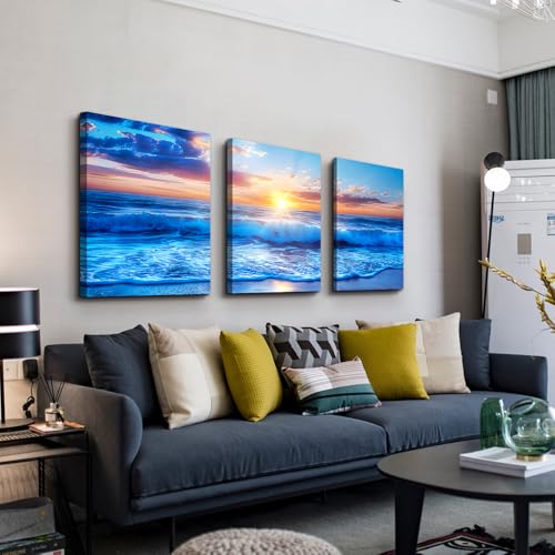 DZRWUBHS Ocean Wall Art For Living Room Canvas Wall Decor For Bedroom Office Decorations Blue Beach Sea Wave Paintings Sunrise Seascape Wall Pictures Canvas Artwork Home Decor Ready To Hang 3 Piece