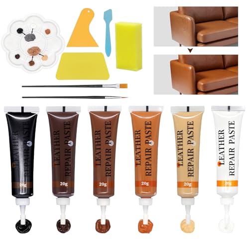 Cuero Liquido Reparador 6 Colores, Reparador Cuero Marrón, Reparador de Cuero para Reparar Arañazos, Decoloraciones Agujeros en Sofás de Cuero, Asientos de Coche, Zapatos, Carteras Cuero Sintético