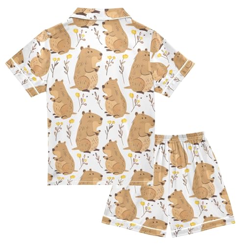 ALAZA Cute Capybara Leaves Pajamas Satin Pajama Set Short Sleeve Button Down Sleepwear2
