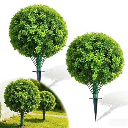 2 Pcs Artificial Boxwood Topiary Ball Trees UV Fade Protected Lifelike Weatherproof Fake Shrubs with Ground Spike Evergreen Artificial Plants Outdoor Indoor Front Porch Garden Balcony Home Office