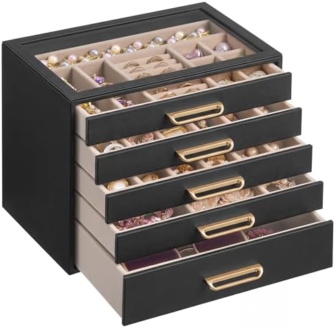 SONGMICS 5-Layer Jewelry Box with Glass Window, Jewelry Storage Organizer with 5 Drawers, Golden Handles, for Rings, Earrings, Bracelets, Gift Idea, Black, 6.8 x 9.4 x 7.2 Inches UJBC205BZ02S