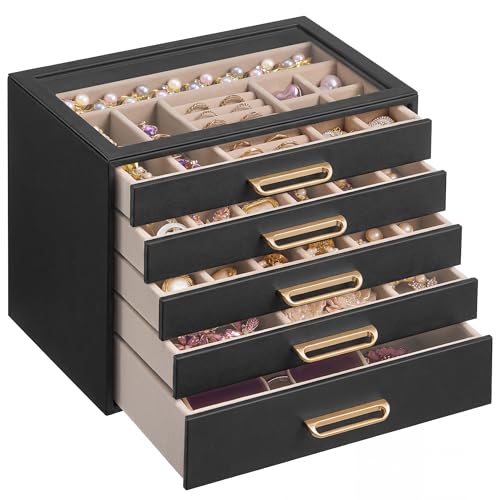 SONGMICS 5-Layer Jewelry Box with Glass Window, Jewelry Storage Organizer