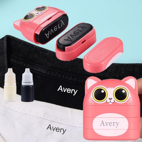 Upgraded Personalized Clothing Stamps for Kids Clothes Double Stamp Custom Name Stamp for Clothing Kids Name Stamp for School Supplies Waterproof White&Black Ink (Pink Cats)