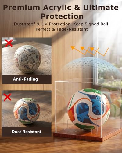 Image of Fitense Soccer Ball Display Case with Solid Wood Base, UV Protected Clear Acrylic Box, Removable Transparent Holder for Autographed Balls, Sports Collectibles & Memorabilia Display