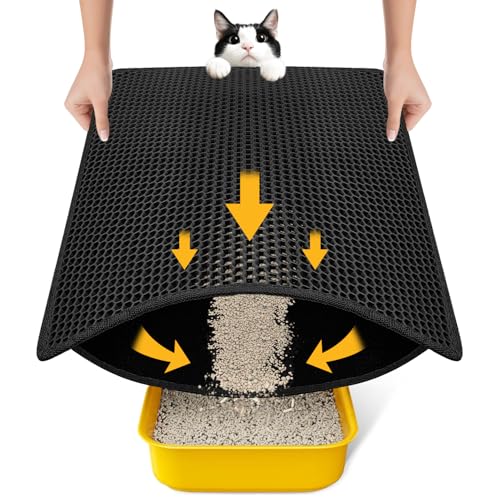 Cat Litter Mat Compact Size 23.6'x14.6' for Small Spaces, Upgrade Waterproof Leakproof Back Layer, Honeycomb Trapping Mat, Washable, Easy to Clean, Scatter Control Kitty Litter Matt, Black