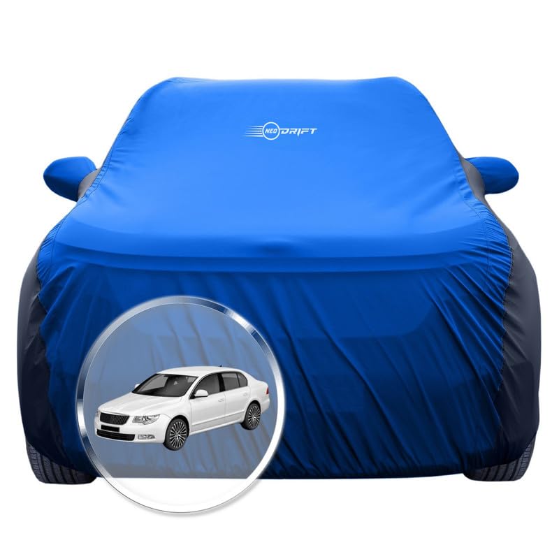 Image of NEODRIFT 'SuperTech' Car Cover for Skoda Superb (100% Water-Resistant, All Weather Protection, Tailored Fit, Multi-Layered & Breathable Fabric) (Colour: Sky Blue+Black)