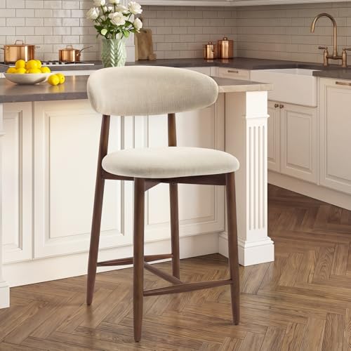 Image of MALOL Counter Height Bar Stools, Kitchen Bar Stools with Back, Mid Century Modern Upholstered Barstools with Wood Legs for Kitchen Island Dining Room, Beige