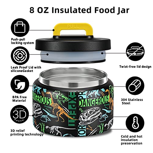 Image of JXXM 8 Oz Thermo Food Jar for Hot & Cold Food for Kids, Insulated Lunch Containers Hot Food Jar,Leak-Proof Vacuum Stainless Steel Wide Mouth Lunch Soup Thermo for School (Black-Dinosaur Fossils)