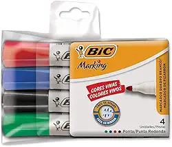 Pincel Marcador de Quadro Branco BIC Marking, Recarregável, 4 Cores Clássicas, Ponta Redonda, 891683