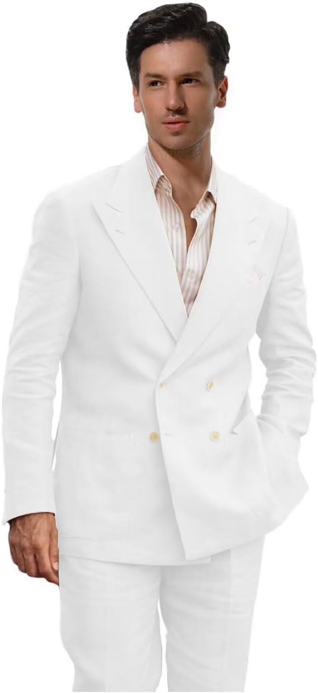 Linen Suits for Men Wedding Double Breasted Suit Men Regular Fit Tuxedos 2 Piece Light Weight Blazer Pants for Beach