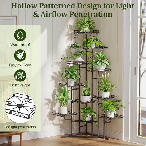 Image of Quikraen Plant Stand Indoor with Grow Lights, 58 inch Tall Lighted Corner Plant Shelf for Indoor Growing, 10-Tier Multiple Metal Large Flower Holder, Plant Rack for Home Decor, Patio (Black)