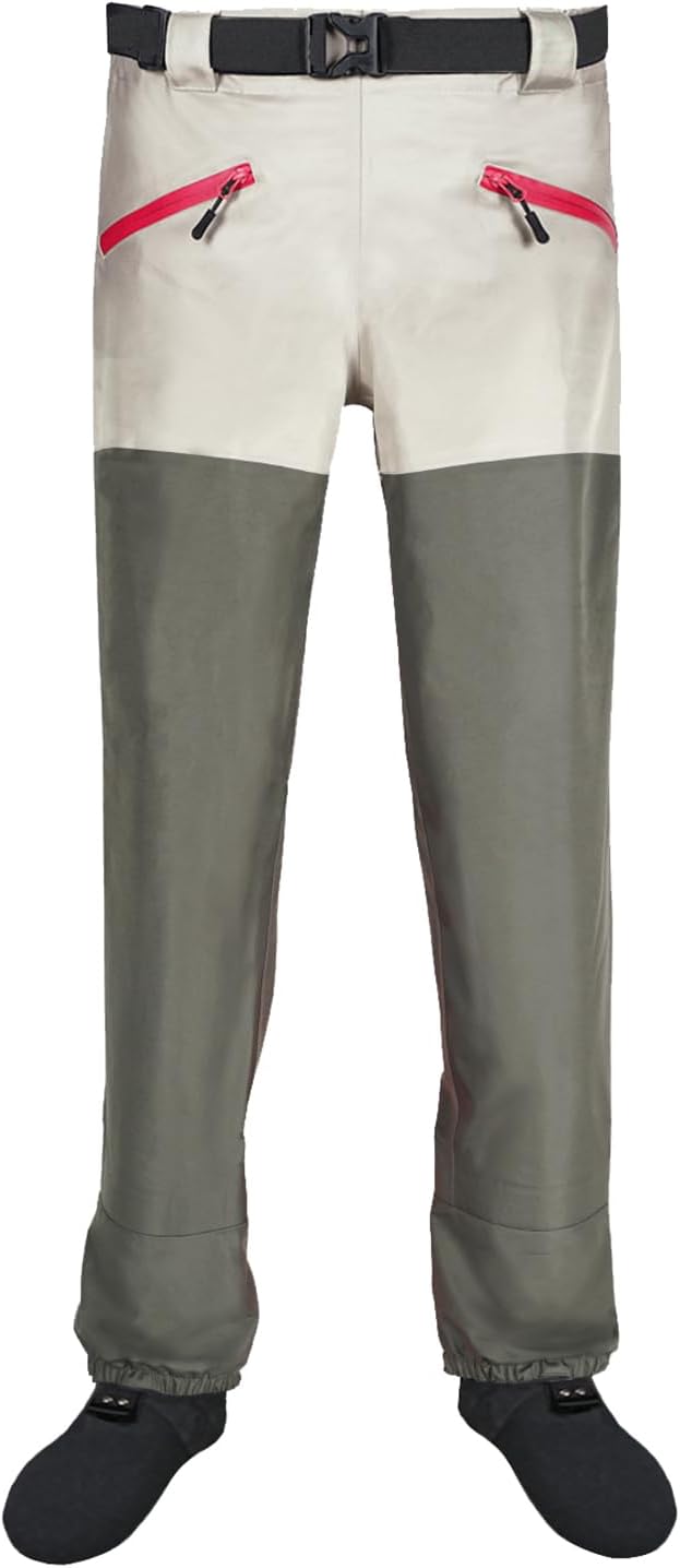 Waist Chest Waders, 3 Ply Breathable Waterproof Waist Wading Pants with Pockets and Stocking Boots