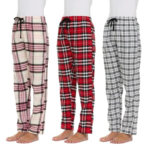 Pajama Bottoms for Women - 3 Pack Cotton Blend Flannel Plaid Lounge Pants, Comfortable PJ Pants