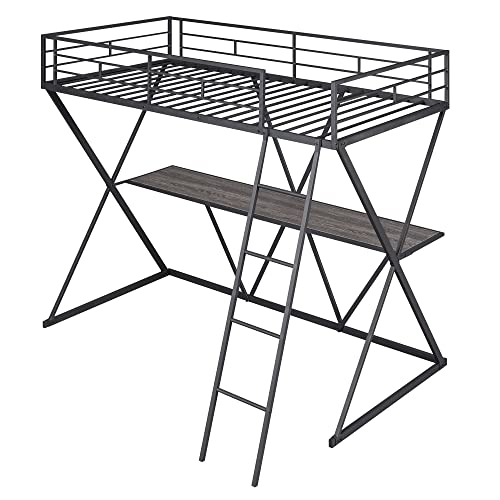 Erye Twin Size Metal Loft Bed With Long Desk, Angle Ladder And Full-Length Guardrails, Twin Loft Bedframe With X-Shaped Frame Support, Black #TOP6