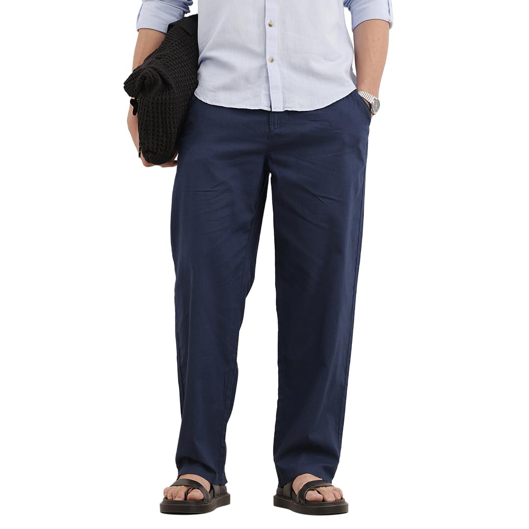 WROGN Men's Linen Blend Trousers | Solid Design | Loose Fit in neutral
