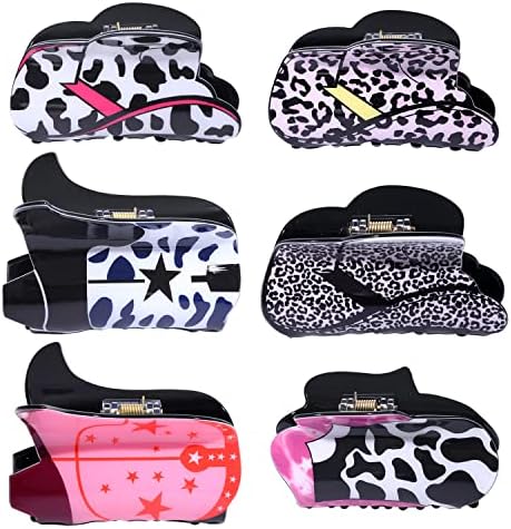 Vokone 6 Pack Western Cowboy Hair Claw Clips Leopard Star Cowgirl Boot Hat Jaw Hair Clip for Women Cowgirl Hair Barrette Strong Holder for Thick Hair (Leopard B)