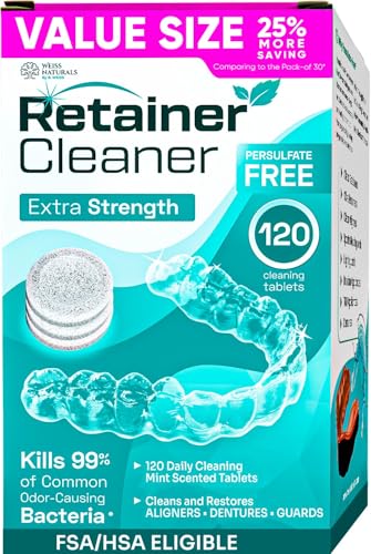 Weiss Naturals Retainer Cleaner Tablets Invisalign Cleaner Remove Stains Odors & Plaque PERSULFATE FREE Night Guard & Denture Cleaner 4-Month Supply 120 Mint Scented Tablets