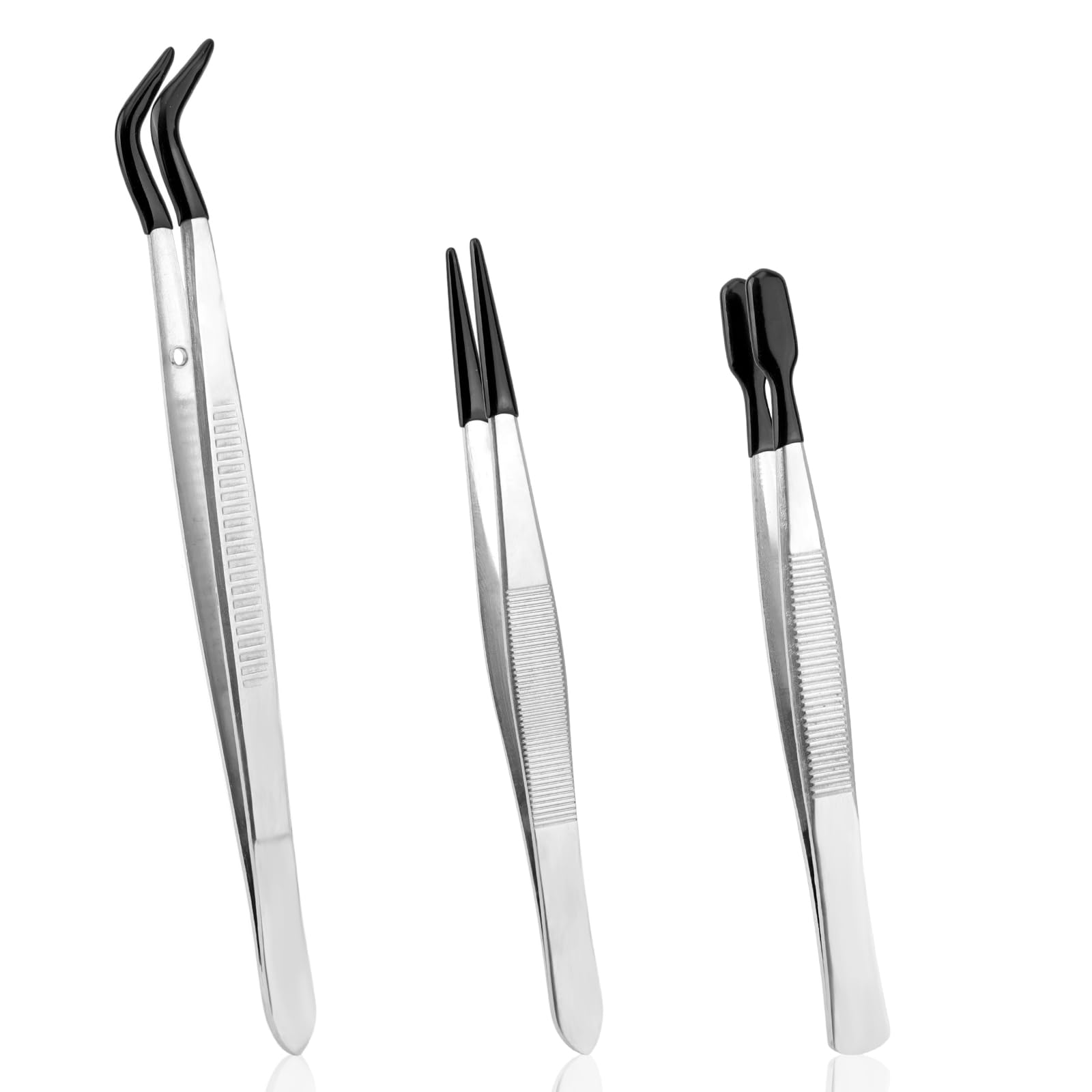 3pcs Rubber Tip Tweezers Set, Stainless Steel Precision Craft Tweezers Anti-Static Rubber Fine Flat & Bent Tip Tweezer for Crafts Jewelry Making Electronics Model Laboratory Work Lashes