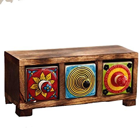 Stylla Handmade Decorative Mango Wood 3 drawer ceramic storage chest
