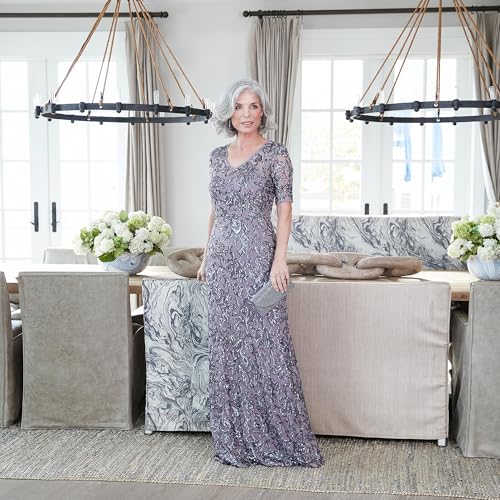 Alex Evenings Women's Long Length A-line Sequin Lace V-Neck Mother of The Bride Dress, Formal Event Gown with Short Sleeves - Image 6