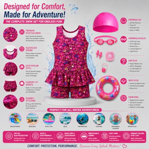 Image of LEBAMI ﻿Kids Girls One piece Swimsuit Combo Kit | Frock Swim Costume with Goggles, Cap, Swimming Tube, Nose Clip & Earplugs | Pool & Beach Swimming Kit