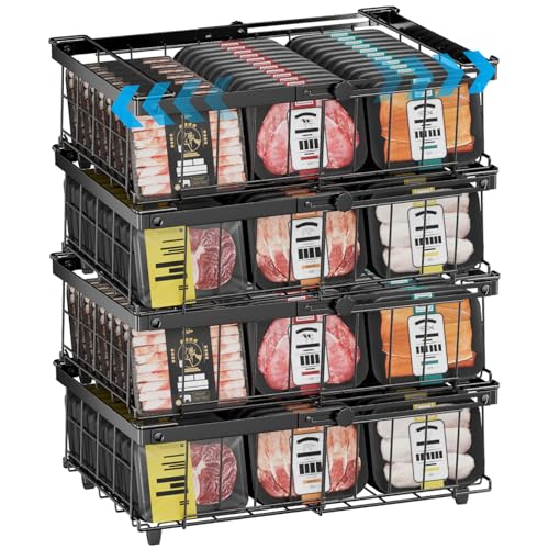 DOUBFIVSY 4PCS Panier Congelateur Coffre, Rangement Congelateur Extensible Empilable Pliables avec Poignées, Métal Organisateur de Congélateur Polyvalent...