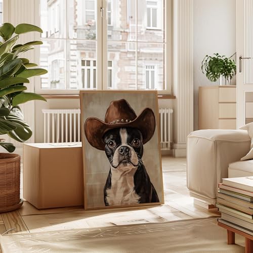 Image of aj decor Boston Terrier Cowboy Hat Wall Art Print Poster, Dog Pet Lover Picture Painting Artwork Bedroom Living Room Office Dining Room 150D (Boston Terrier Cowboy Hat, 11 inch W x 14 inch L, Wood Frame)