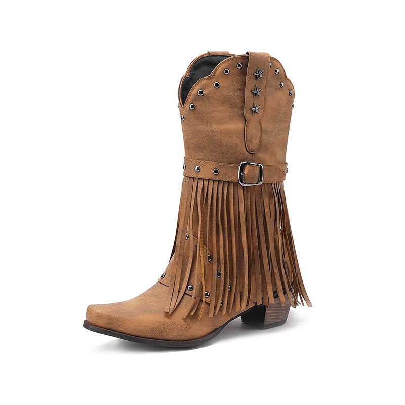 Cowboy Boots for Women Cowgirl with Fringe Star Studded Pointed Toe Chunky Heel Pull-On Western Country Boot