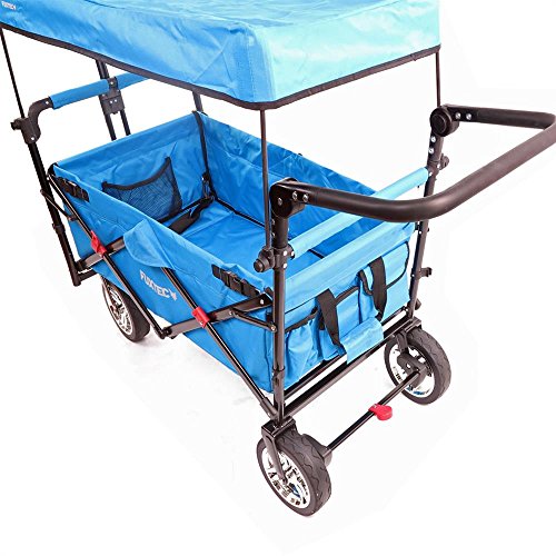 Fuxtec Bollerwagen faltbar FX-CT700 Türkis mit Dach - Transportwagen klappbar | inkl. komfortablem Schiebegriff | Feststellbremse | Vollprofilreifen | Handwagen/Leiterwagen – Das Original