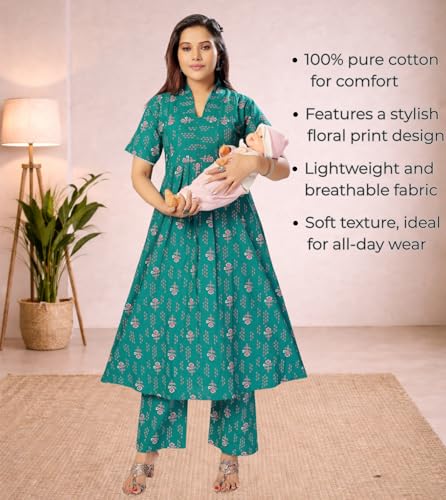 Image of Momenta Women's Pure Cotton Maternity Kurta Set | Feeding Kurti with Concealed Zippers | Maternity Dress for Pre & Post Pregnancy
