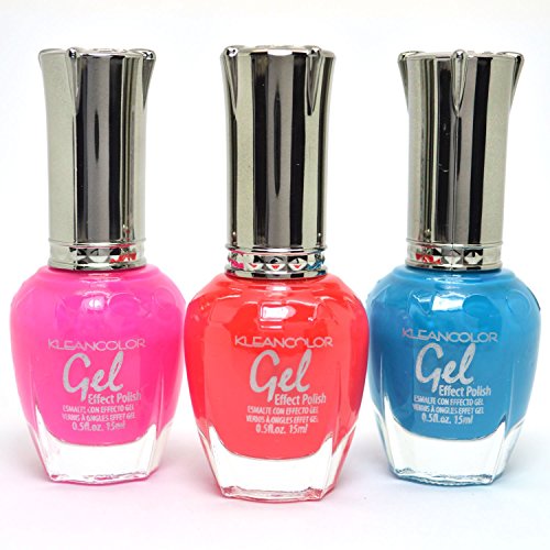 Kleancolor 3 Gel Effect Nail Polish Neon Pink Fuschia Beach Blue No LED UV Needed K-3GEL05 + Free ZipBag