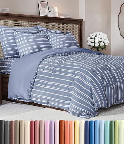 Image of Duvet Cover King Size Set - Extra Soft King Duvet Cover 104 inch x 90 inch with 2 Pillow Shams for Women, Men, Kids & Teens - Hotel Luxury w / Zipper Closures & Ties - Comfy, Cozy & Breathable (Blue Stripes)