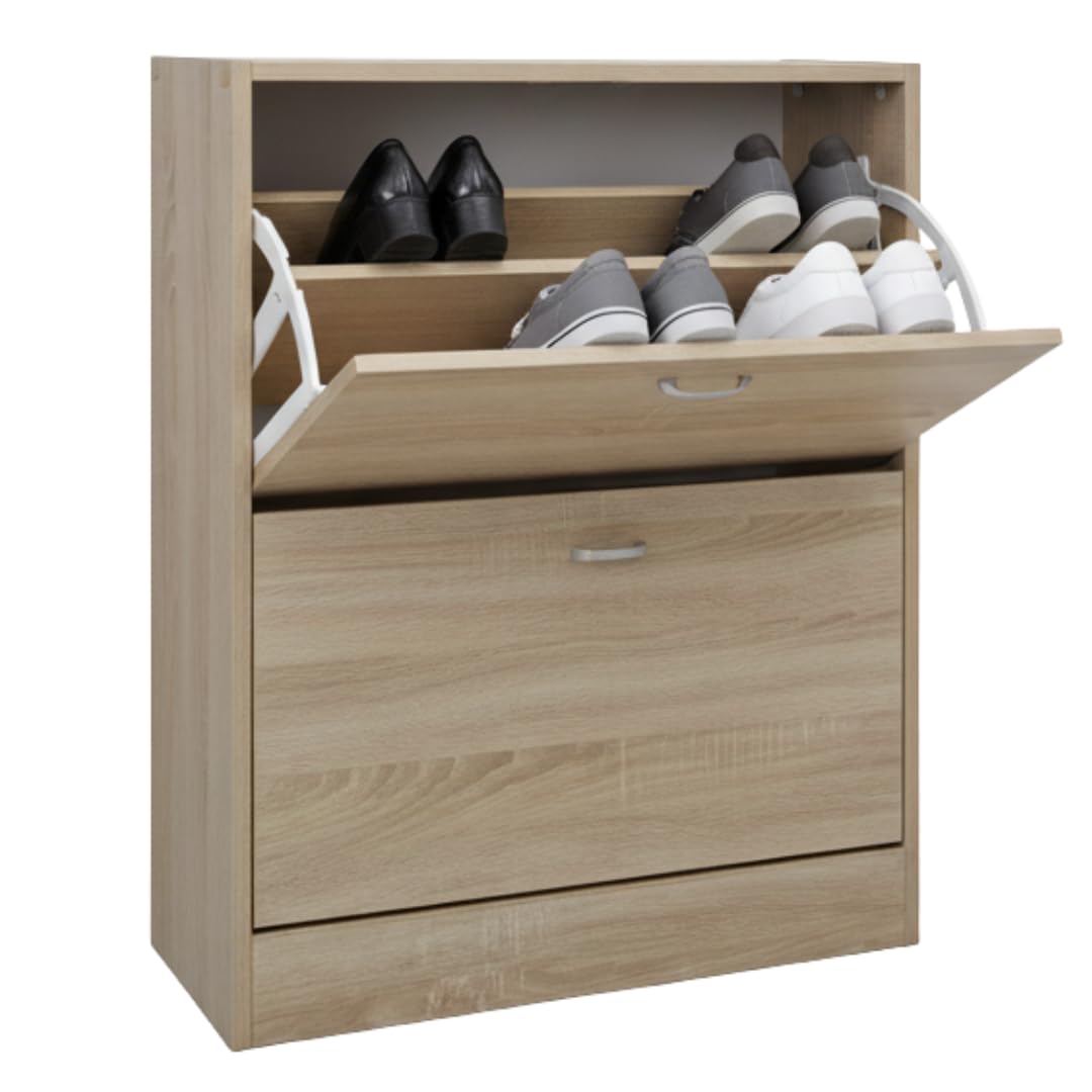Scarpiera Portascarpe in Legno MDF Melaminico Scaffali Ante a Ribalta Maniglie Grigio Satinato Doppia Profondità Adatta a Scarpe Stivali Ciabatte Tacchi Istruzioni Incluse (2 Ante, Rovere)