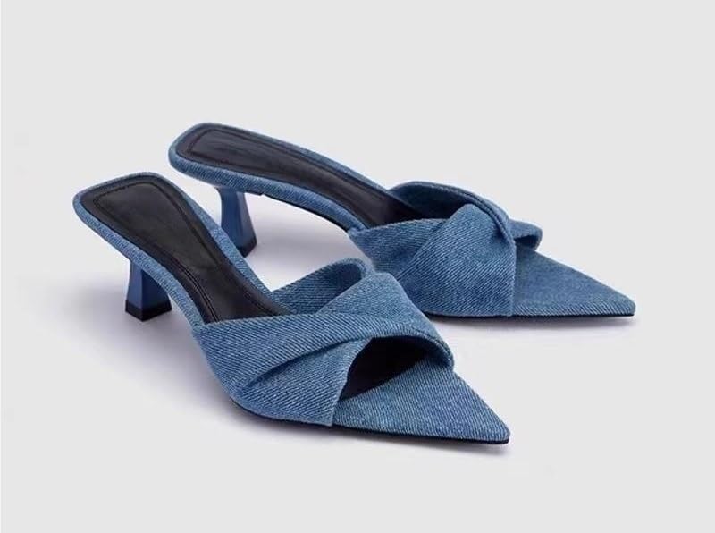 Women's Denim Heeled Sandals Kitten Heels Fashion Slingback Low Stiletto Slip-On Slides Sandals Open Pointed Toe Wedding Party Dress Slipper For Women4
