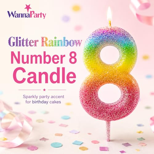 Image of Wanna Party Glitter Colorful 8th Birthday Candle, Birthday Number 8 Cake Candle Cake Toppers for Girl Women, Glitter Colorful Themed Party Decorations Supplies Birthday Gifts