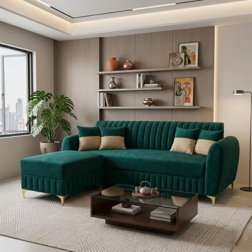 Image of CASASTYLE Signature Velour 4-Seater L-Shape Sofa Set with Movable Ottoman | Flexible LHS /RHS Layout | Boston Matte Fabric | 40D Foam + Zigzag Spring | 3-Yr Warranty (Ocean Green)