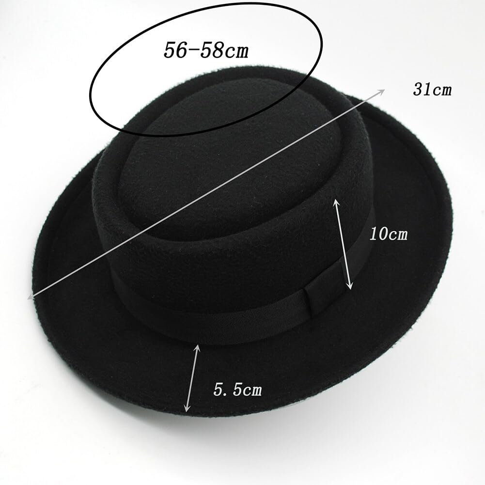 Chapeau de Pork Pie pour Homme et Femme - Casquette de Bateau en Feutre à Dessus Plat - Chapeau Fedora Derby (circonférence de la 56 à 58 cm)