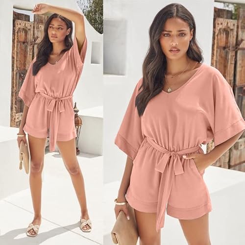 Xxtaxn Women's Summer Casual Loose V Neck Short Sleeve Elastic Party Jumpsuit Rompers With Belt Pink #TOP4