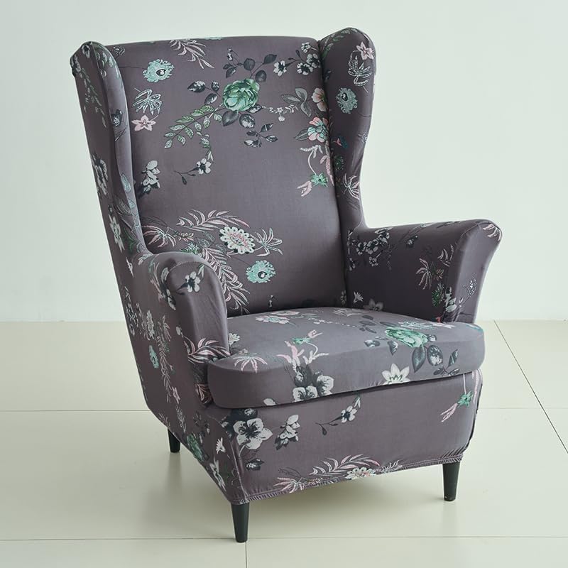 Image of HOKIPO 140 GSM Stretchable Wing Chair Cover, Bentonite Grey Budding Florals (NEW-AR-5135-D1)