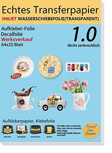 TransOurDream DIN A4X20 Blatt(TRANSPARENT) ECHTE Inkjet Wasserschiebefolie Kerzentattoos Water silde Paper Bedruckbares Aufklebepapier für Spielzeugmodelle Tassen Keramik Glas Kerze
