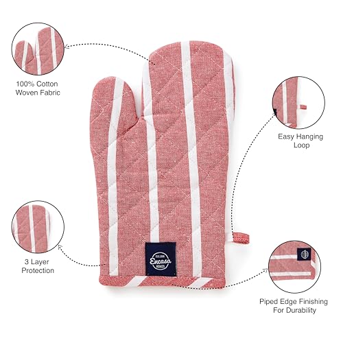 Image of Encasa XO Oven Gloves for Microwave (2 pc Set) - Heat Proof, Thick & Safe | Longer 18x30 cm Mittens for Protection in Kitchen Cooking & Baking - Roma Red Stripes