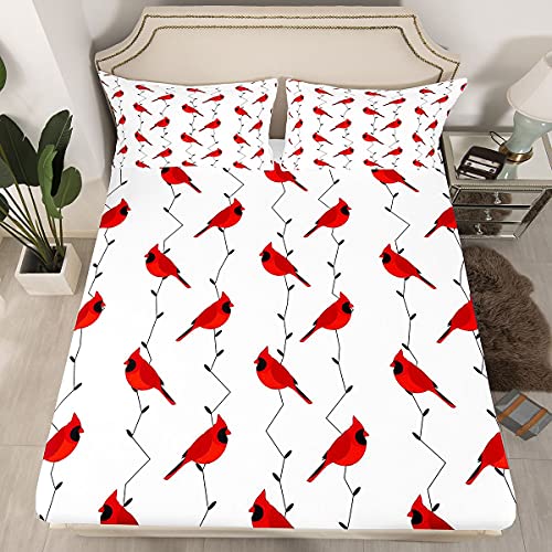 Kids Cute Bird Bed Sheet Set for Girls Boys Children Red Birds Cardinals Bedding Set Decor Black Tree Branches Fitted Sheet & Pillow Sham Set Farmhouse Country Bed Cover No Flat Sheet Full Size 3Pcs