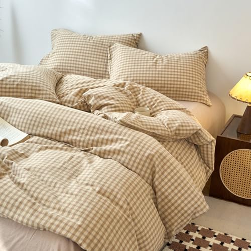 Image of EAVD Vintage Style Brown&Beige Plaid Duvet Cover Full Soft 100% Washed Cotton Chic Checkered Gingham Bedding Set with 2 Pillowcases Farmhouse Brown Gingham Duvet Cover with Zipper Closure