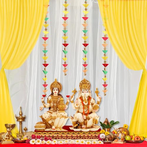 Image of Party Propz White Yellow Ganpati Decoration Setup for Home -10Pcs Ganpati Decoration Backdrop with Triangle Hanging, Varalakshmi Pooja Items, Janmashtami, Haldi Decor, Background Decorations Items