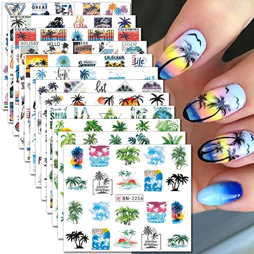 Palm Tree Nail Art Stickers Water Transfer Coconut Tree Nail Decal Design Black Blue Green Palm Tree Nail Stickers for Women Girls Manicure Tips Decoration Supplies