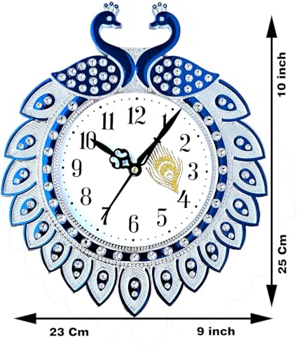 Image of Peacock Design Analog Wall Clock for Living Room | Decorative Modern Designer Wall Clock for Home Decor | Stylish Flower Pattern Wall Clock for Hall, Bedroom & Office | Silent Sweep Quartz Clock-Blue
